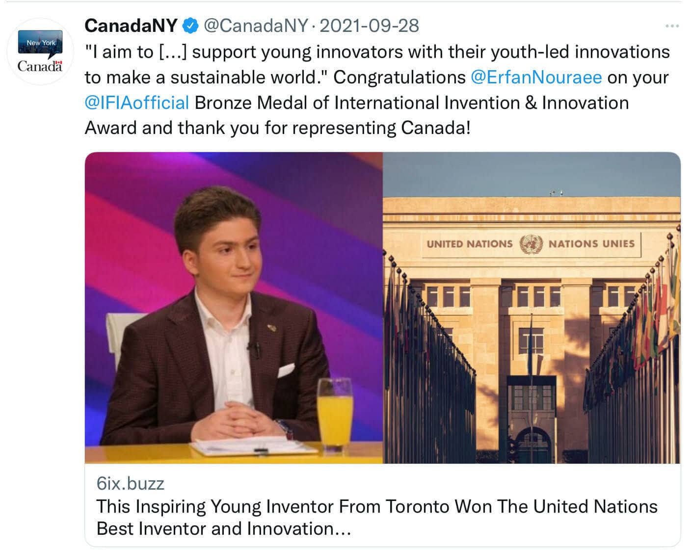 نوجوان 19 ساله ایرانی ساکن تورنتو، برنده جایزه مخترعین سازمان ملل شد